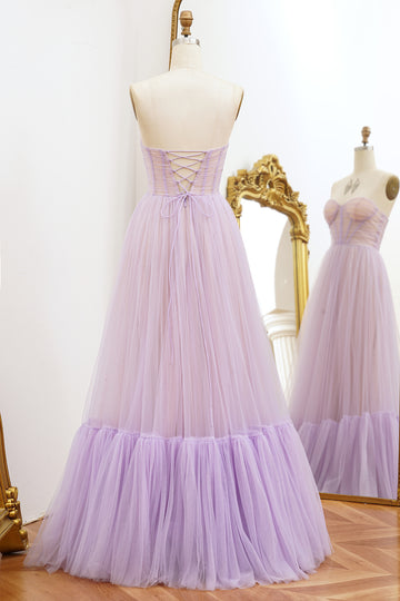 Strapless Lilac A Line Tulle Prom Dress with Lace-up Back